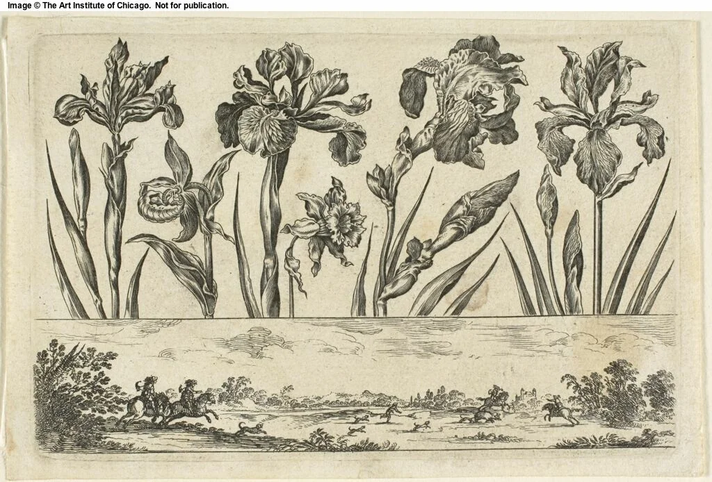 Flowers and Hunting Scene, from Livre Nouveau de Fleurs... by Nicolas Cochin, print, 1645