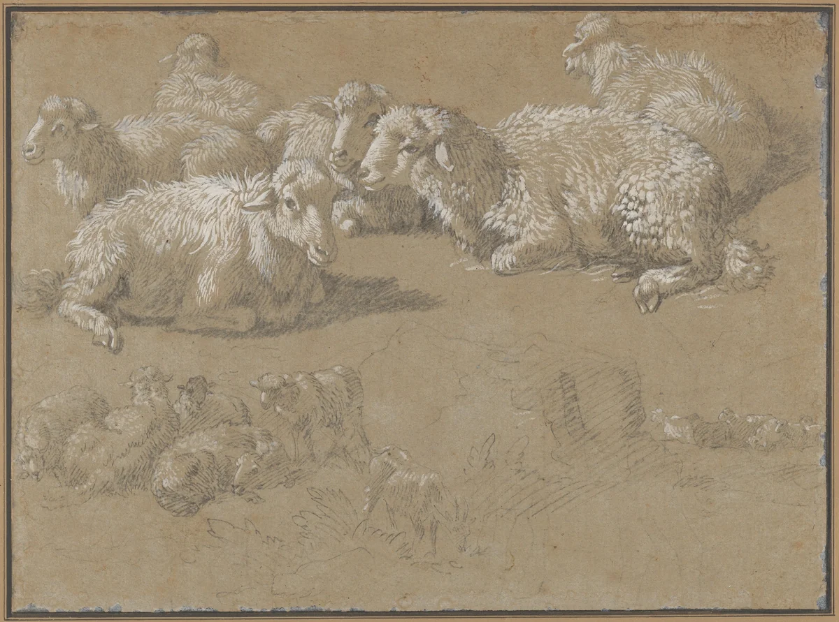 Reclining Sheep in a Landscape by Francesco Londonio, drawing, 1759-1782