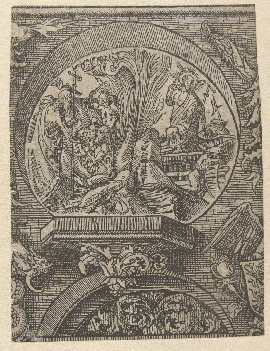 De hellevaart en de opstanding van Christus by Jacob Cornelisz van Oostsanen, print, 1520