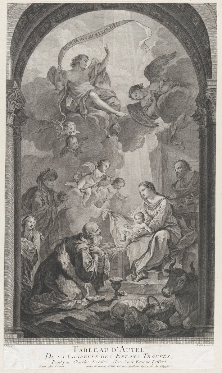 The Chapel of the Enfants-Trouvés in Paris: Les Rois mages Gaspard et Melchoir adorant l'Enfant Jésus by Etienne Fessard, print, 1752