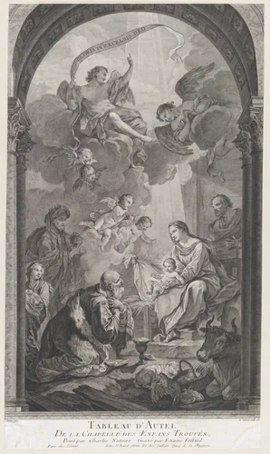 The Chapel of the Enfants-Trouvés in Paris: Les Rois mages Gaspard et Melchoir adorant l'Enfant Jésus by Etienne Fessard, print, 1752