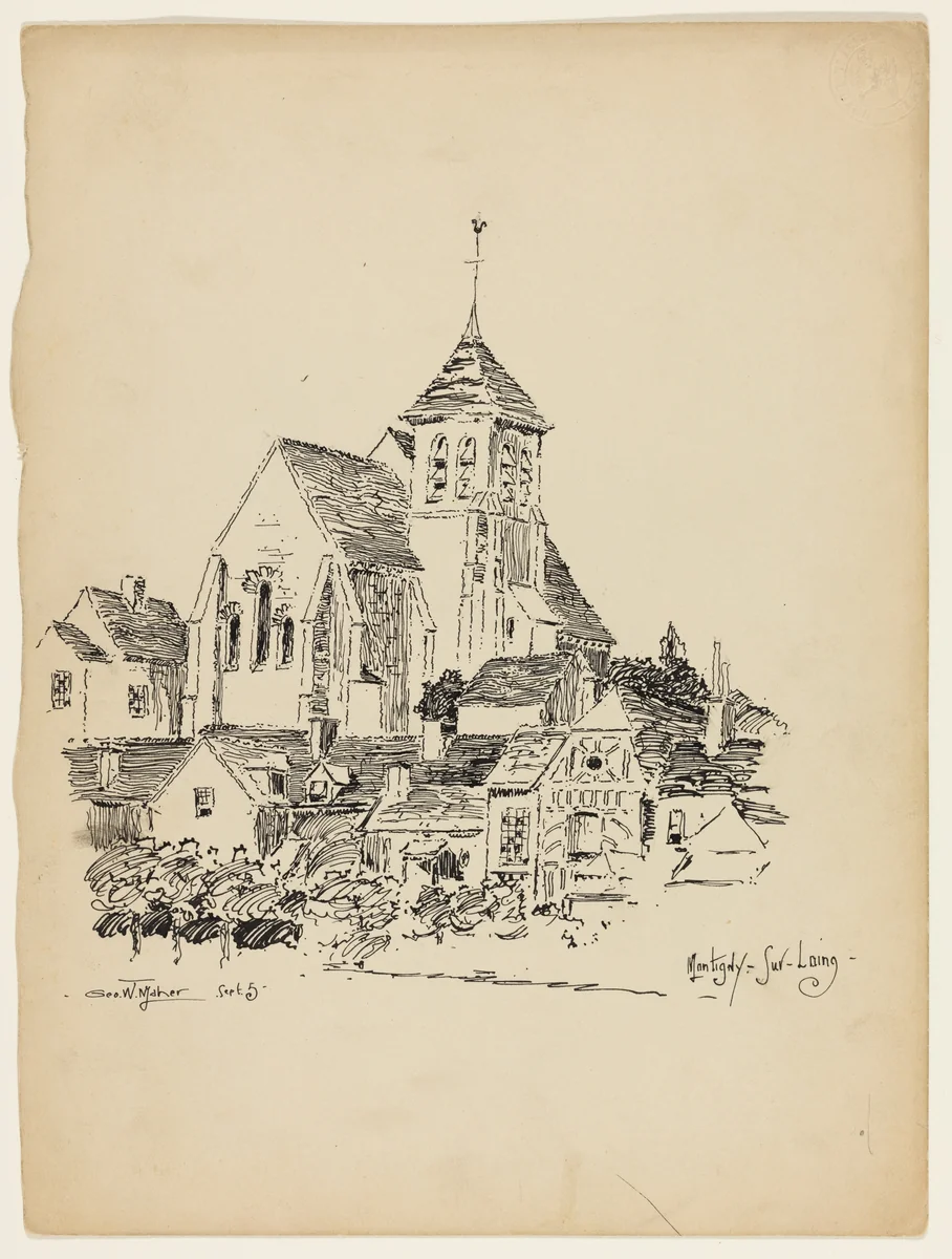 Church at Montigny-Sur-Loing, France, Travel Sketch by George Washington Maher, drawing, 1891