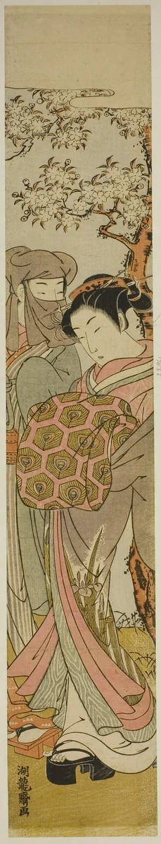 Courtesan Walking with Veiled Man under Cherry Tree by Isoda Koryusai, print, 1767-1777