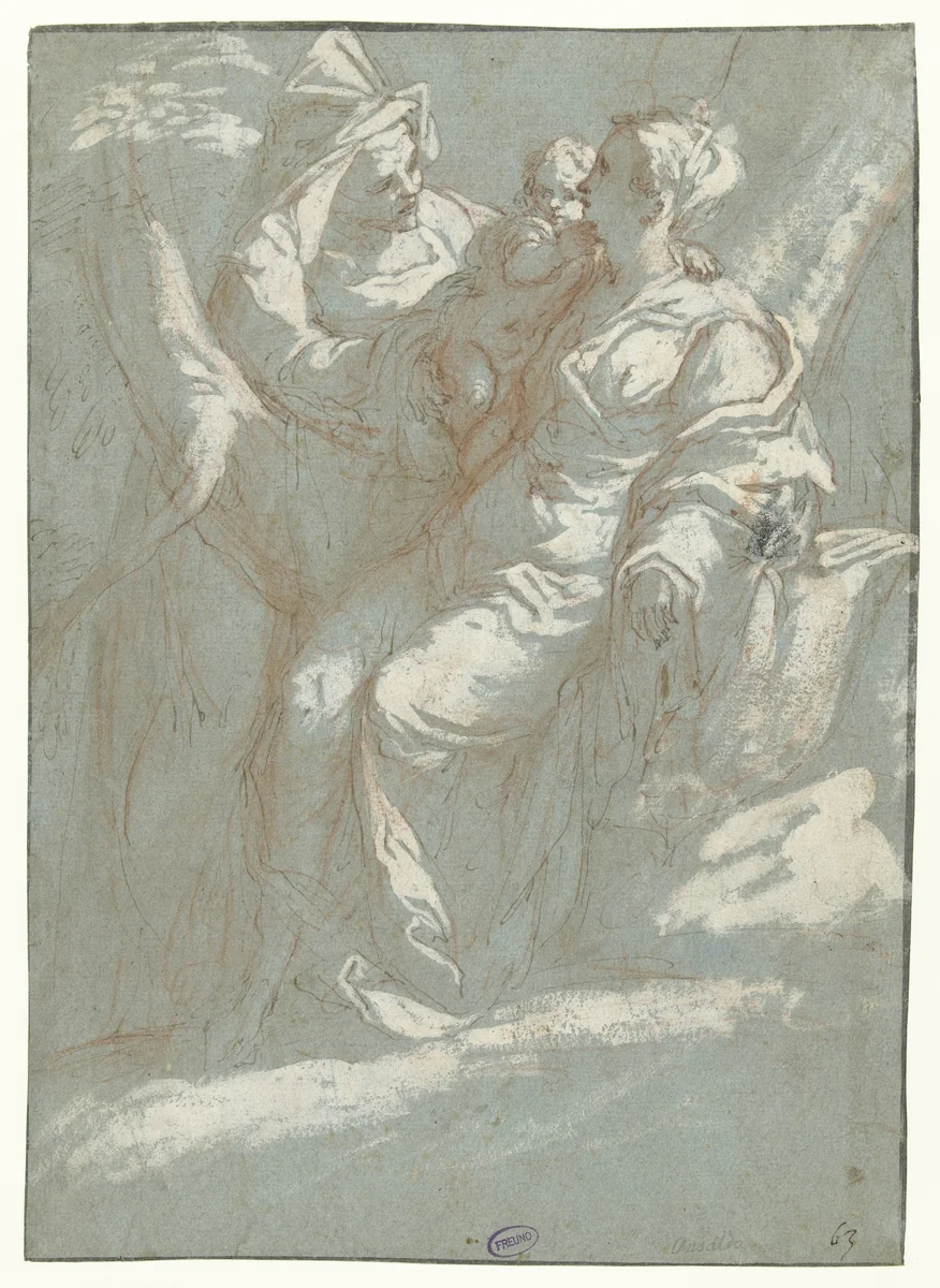 Maria met het kind en de Heilige Anna by Giovanni Andrea Ansaldo, drawing, 1594-1615