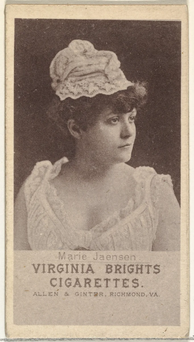 Marie Jaensen, from the Actresses series (N67) promoting Virginia Brights Cigarettes for Allen & Ginter brand tobacco products by Allen & Ginter, print, 1885-1893