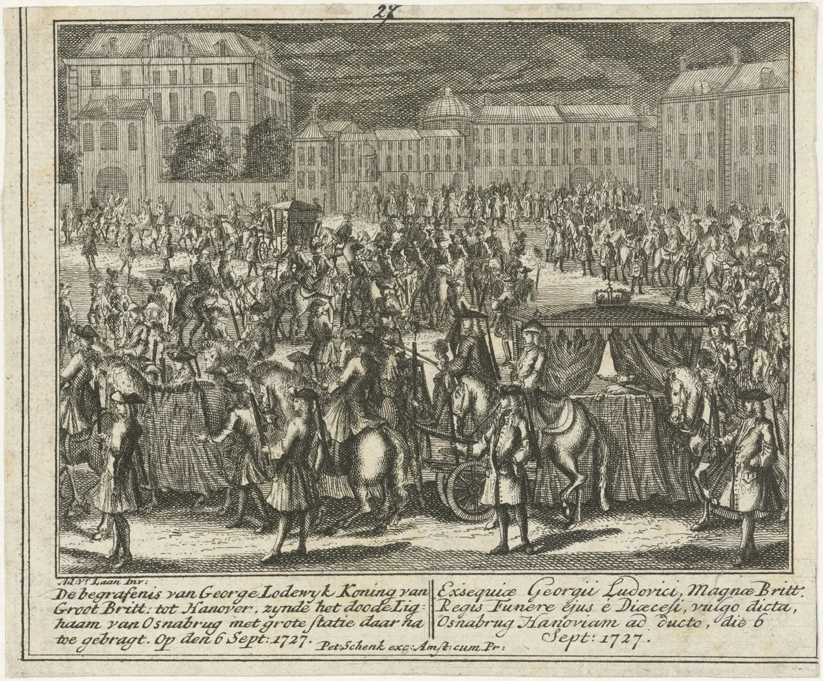 Lijkstatie van George I, koning van Engeland, 1727 by Leonard Schenk, print, 1727-1729