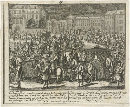 Lijkstatie van George I, koning van Engeland, 1727 by Leonard Schenk, print, 1727-1729
