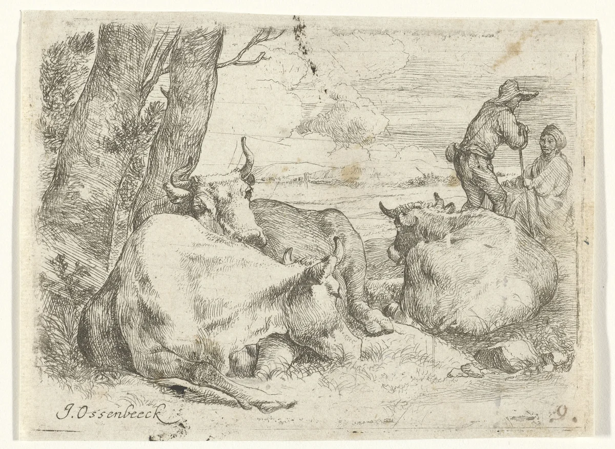 Drie koeien en twee herders by Jan van Ossenbeeck, print, 1647-1674