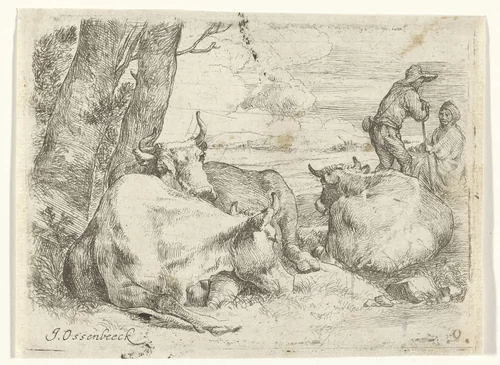 Drie koeien en twee herders by Jan van Ossenbeeck, print, 1647-1674