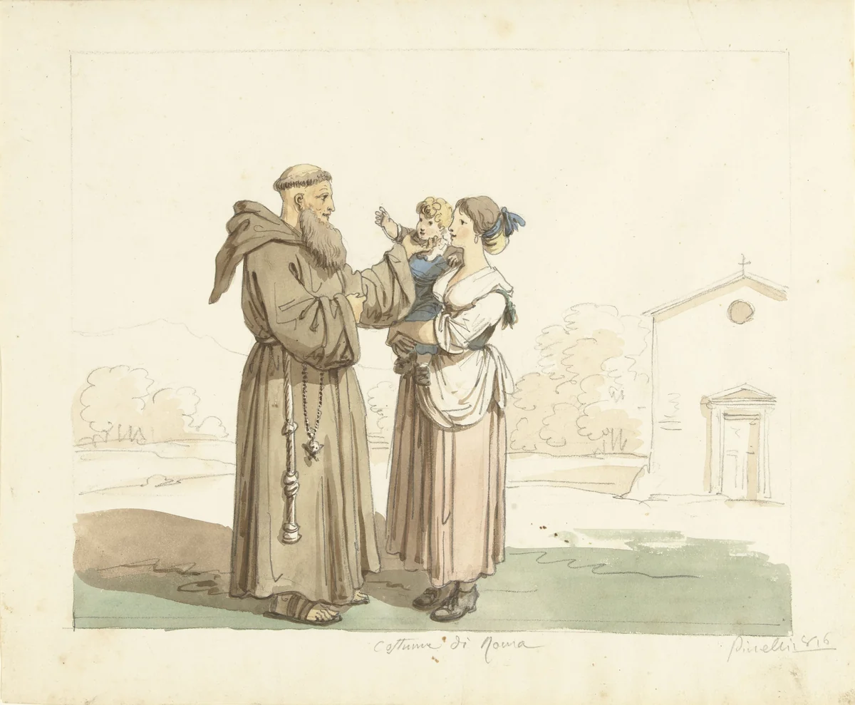 Jonge vrouw met kind staande voor een monnik by Bartolomeo Pinelli, drawing, 1816