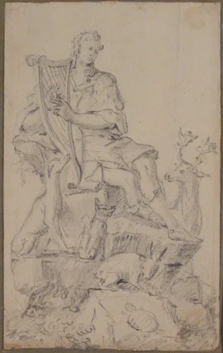 Apollo or Orpheus surrounded by Animals by anonymous, drawing, 1500-1599