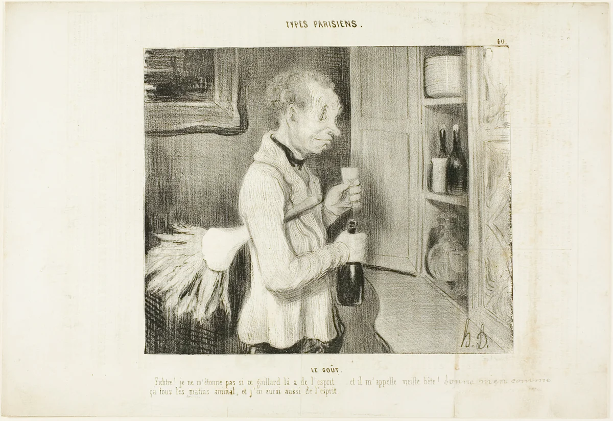 The Taste. “Wow! I am not surprised any more why this fellow is so spirited... and he calls me an old beast! Let me have one of these every morning, and I will be full of spirit too,” plate 40 from Types Parisiens by Honoré-Victorin Daumier, print, 1839