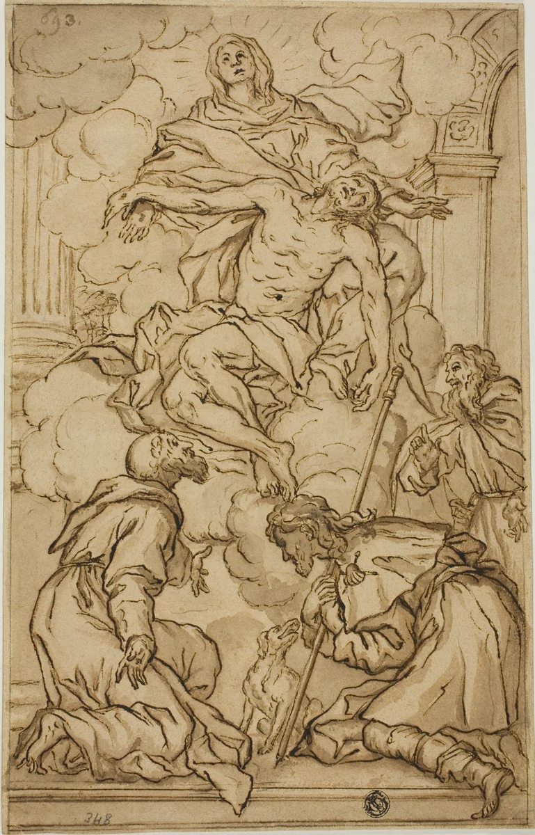 Pieta, with Saints Francis, Roch, and Third Male Saint by Pietro Antonio di Pietri, drawing, 1600-1699