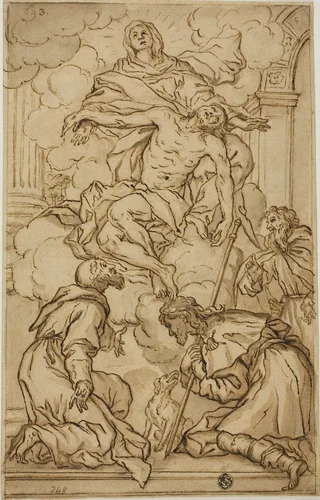 Pieta, with Saints Francis, Roch, and Third Male Saint by Pietro Antonio di Pietri, drawing, 1600-1699