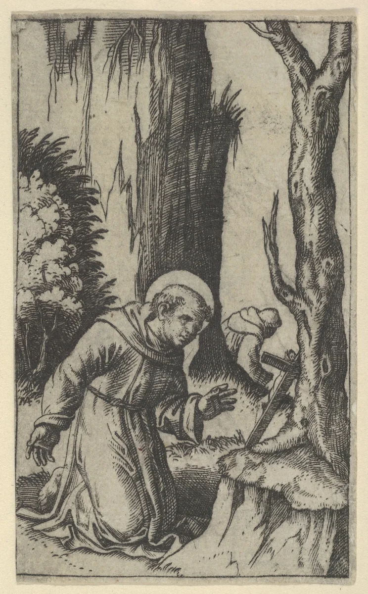 Saint Francis of Assisi praying before a crucifix, from "Piccoli Santi" (Small Saints) by Marcantonio Raimondi, print, 1495-1532
