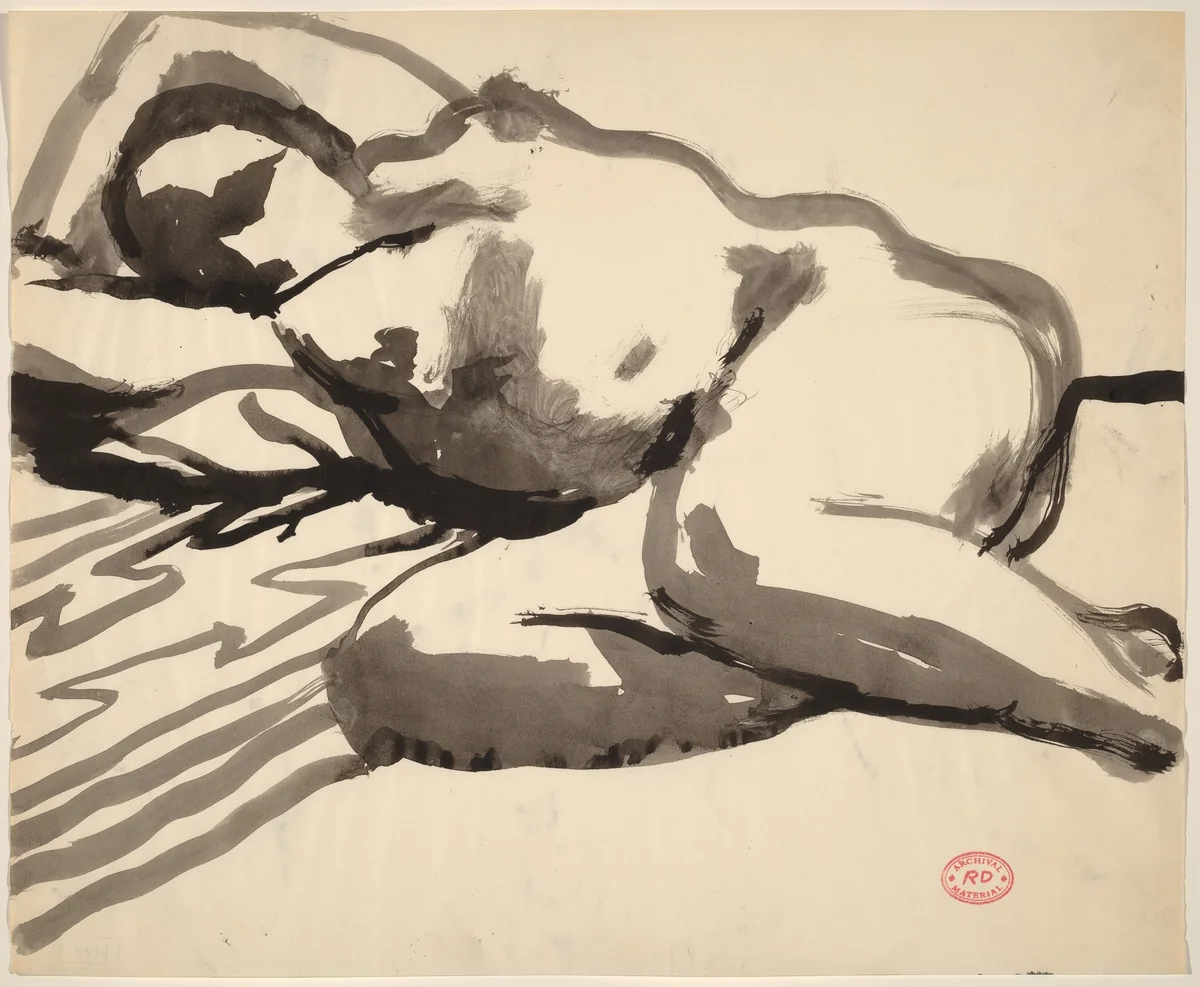 Untitled [reclining female nude with arms behind head] by Richard Diebenkorn, drawing, 1955-1967