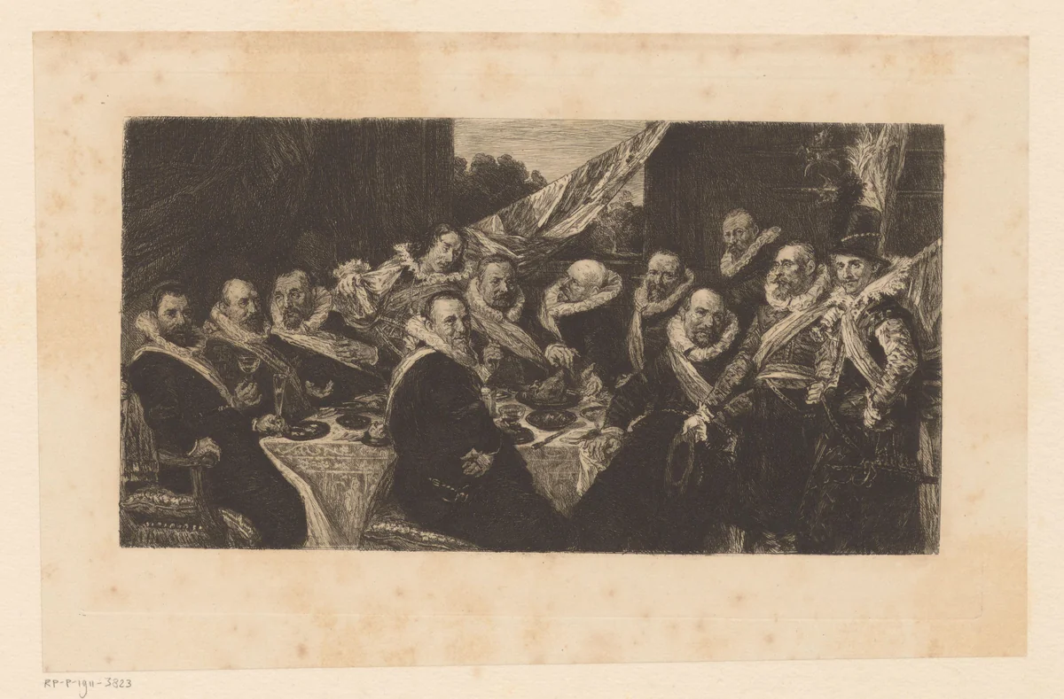 Feestmaal van de officieren van de Haarlemse Sint Jorisschutterij by William Unger, print, 1847-1889