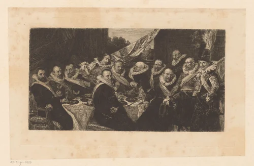 Feestmaal van de officieren van de Haarlemse Sint Jorisschutterij by William Unger, print, 1847-1889
