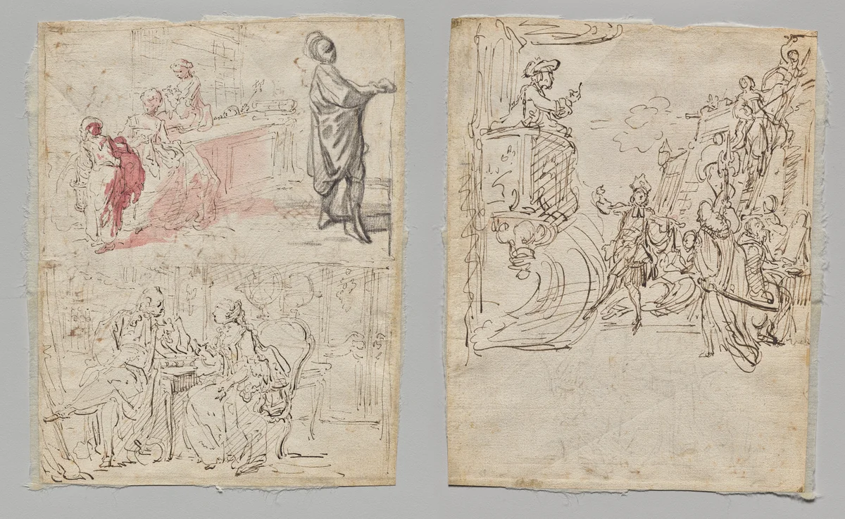 Theatre Scene (recto); Lingerie Boutique and Conversation (verso) by Gabriel de Saint-Aubin, drawing, 1760-1780