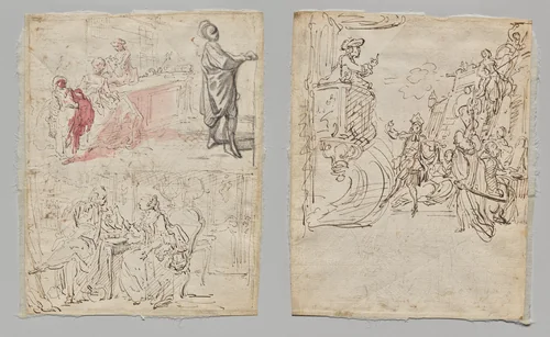 Theatre Scene (recto); Lingerie Boutique and Conversation (verso) by Gabriel de Saint-Aubin, drawing, 1760-1780