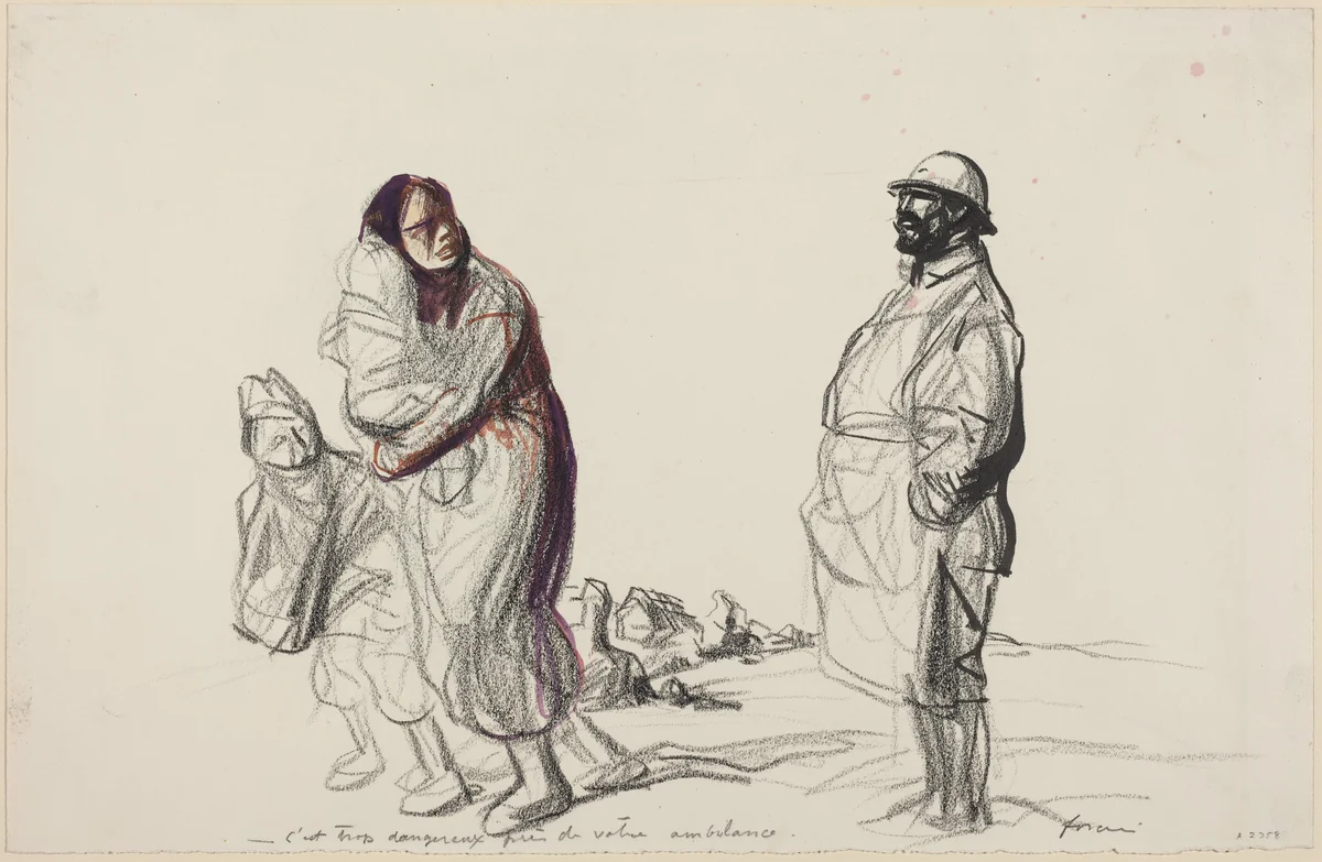 a) C'est trop dangereux pres de votre ambulance (recto); b) Study of Mother and Children (verso) by Jean-Louis Forain, drawing, 1914-1919