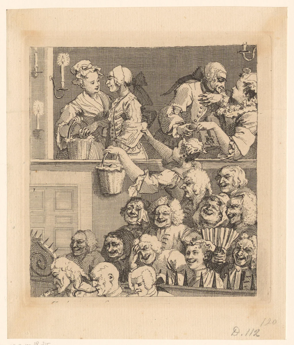 Lachend publiek in een theater by William Hogarth, print, 1707-1733