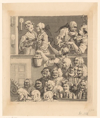 Lachend publiek in een theater by William Hogarth, print, 1707-1733