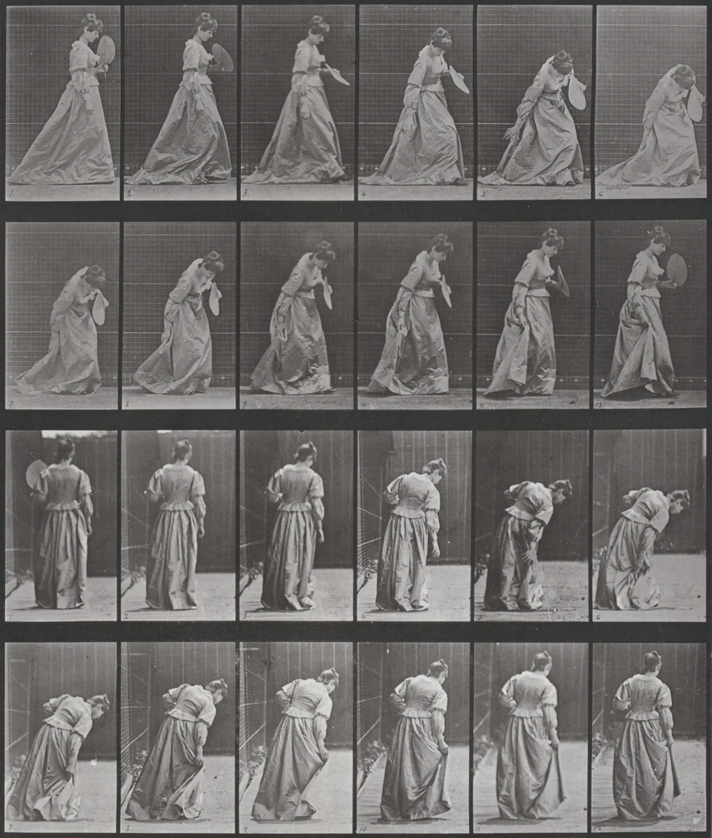 Plate Number 210. Stooping and lifting a dress, a fan in left hand by Eadweard Muybridge, photograph, 1887