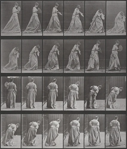 Plate Number 210. Stooping and lifting a dress, a fan in left hand by Eadweard Muybridge, photograph, 1887