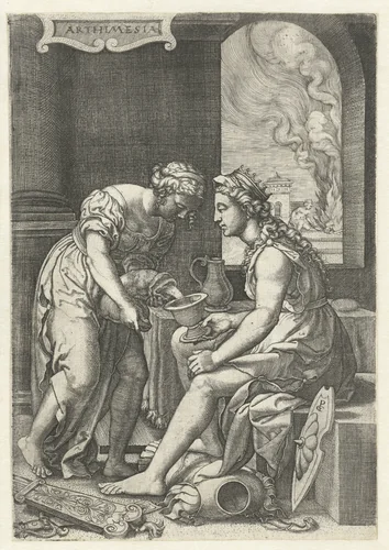 Artimesia drinkt het as van haar man Mausolus by Unknown, print, 1537-1541
