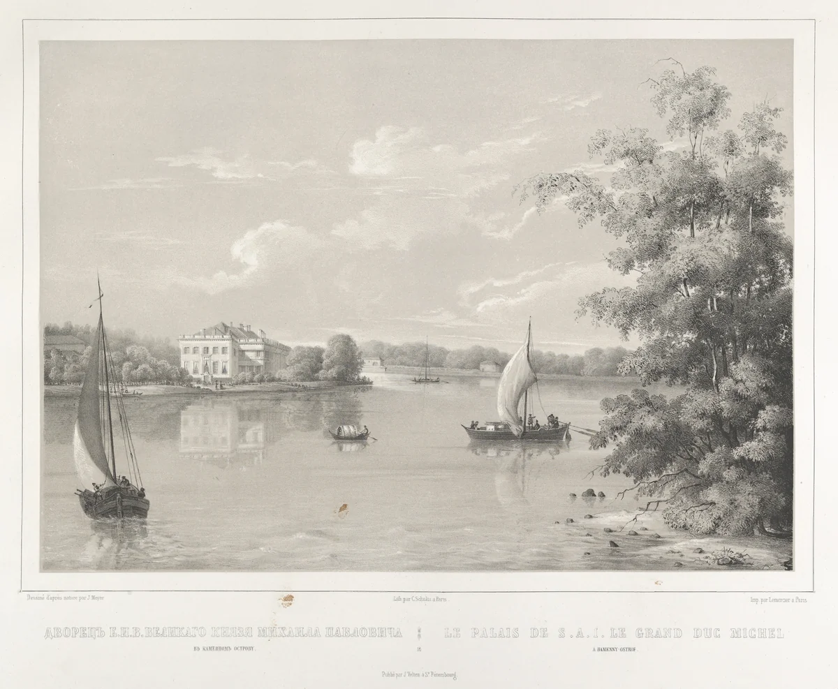 Le Palais de S.A.I. Le Prince Grand duc Michel a Hamenny-Ostrof, from "Vues pittoresques des palais & jardins impériaux aux environs de St. Petersbourg" by J. Meyer, print, 1845-1855