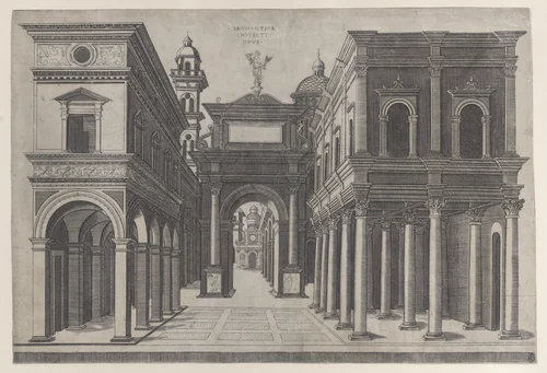 A street with various buildings, colonnades and an arch by Donato d'Agnolo Bramante, print, 1475-1510