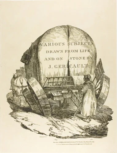 A Horse-Drawn Wagon, Title Page for Various Subjects Drawn from Life and on Stone (The English Suite) by Jean Louis André Théodore Géricault, print, 1821