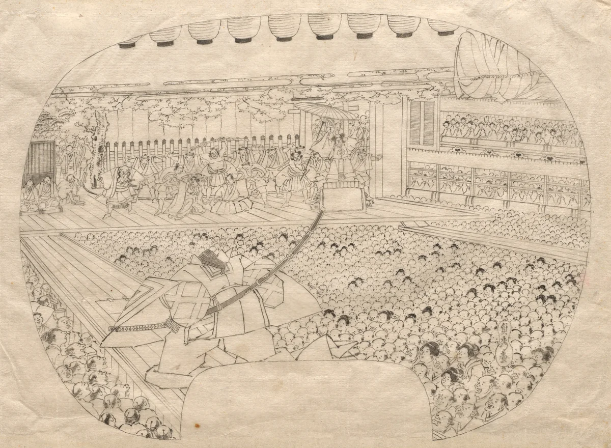 Design for Fan-shaped Print of Kabuki Theater by Utagawa Sadahide, drawing, 1830-1869