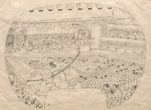 Design for Fan-shaped Print of Kabuki Theater by Utagawa Sadahide, drawing, 1830-1869