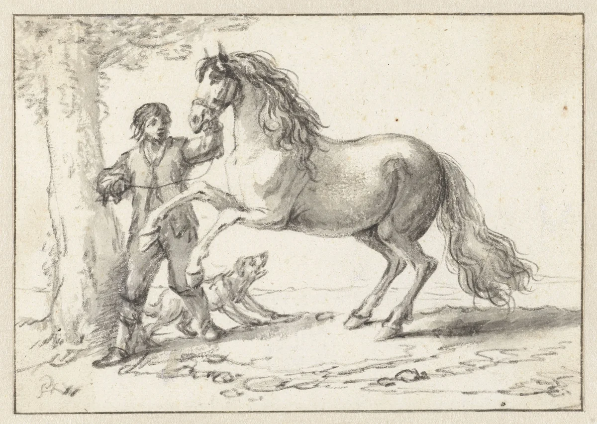 Young Man Holding a Rearing Horse by its Bridle, Frightened by a Barking Dog by Philips Wouwerman, drawing, 1646