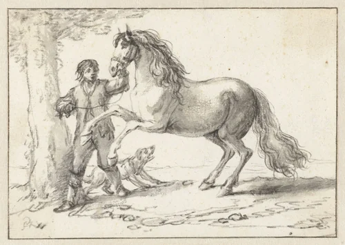 Young Man Holding a Rearing Horse by its Bridle, Frightened by a Barking Dog by Philips Wouwerman, drawing, 1646