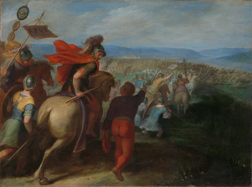 Door het verraad van een Bataaf behalen de Romeinen bijna de overhand op het leger van Julius Civilis by Otto van Veen, painting, 1600-1613