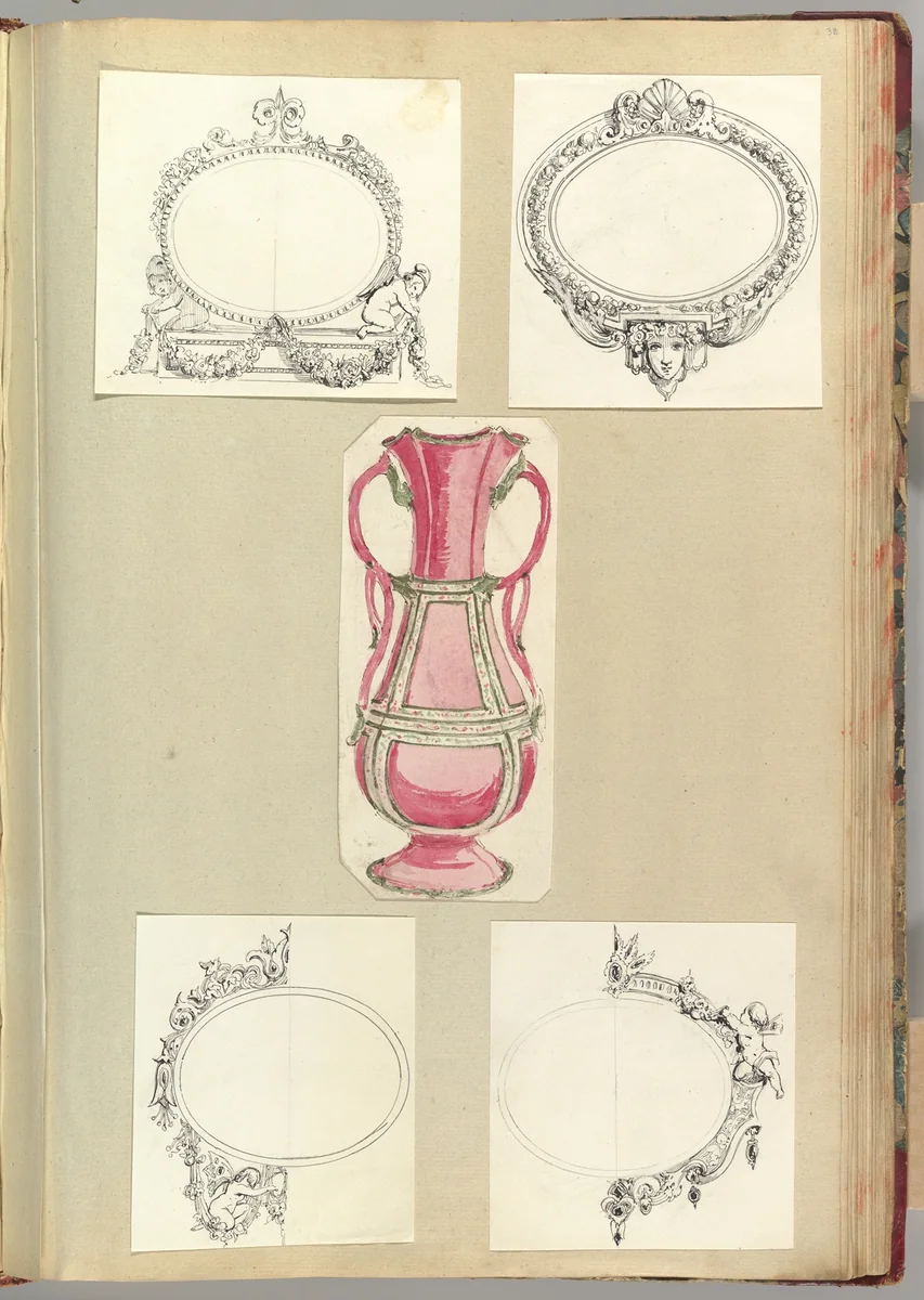 Designs for Four Mirrors and a Two Handled Vase by Alfred Forrester, drawing, 1845-1855
