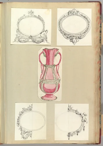 Designs for Four Mirrors and a Two Handled Vase by Alfred Forrester, drawing, 1845-1855