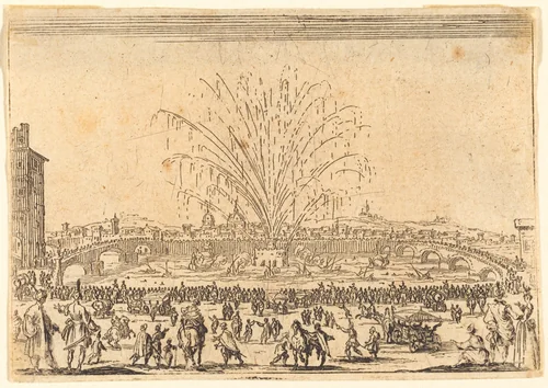 Fireworks on the Arno, Florence by Jacques Callot, print, 1622