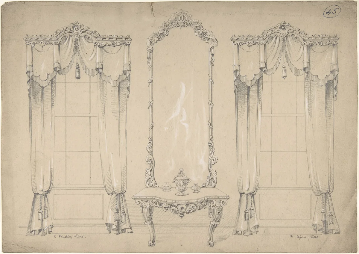 Design for Wall with Two Windows, Side Table, and Mirror by Charles Hindley and Sons, drawing, 1841-1884