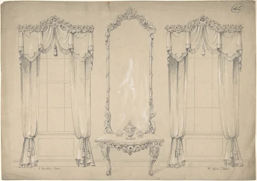 Design for Wall with Two Windows, Side Table, and Mirror by Charles Hindley and Sons, drawing, 1841-1884