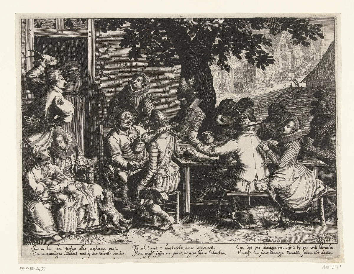 Boeren en rijken zitten na de oorlog bij elkaar aan tafel by Boëtius Adamsz. Bolswert, print, 1610
