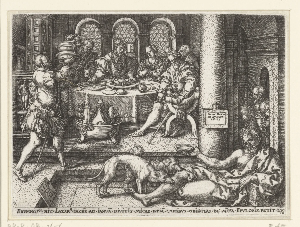Lazarus bedelt aan de deur van de rijke man by Unknown, print, 1554