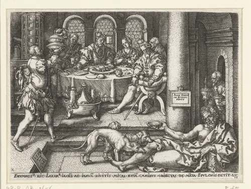 Lazarus bedelt aan de deur van de rijke man by Unknown, print, 1554