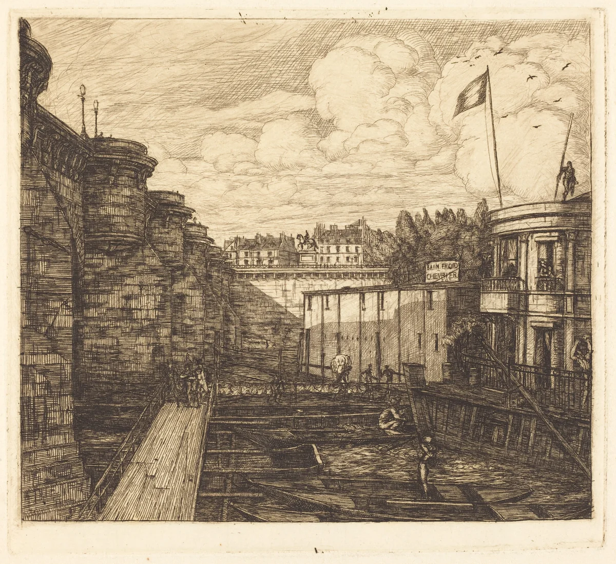 Bain-froid chevrier, dit "de l'École" (Chevrier's Cold-Bath Establishment, Sometimes called the "School-Baths") by Charles Meryon, print, 1864