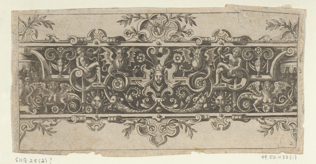 Frieze with Grotesques and a Mask Wearing a Whimple and Crown at Center by Theodor de Bry, print, 1589