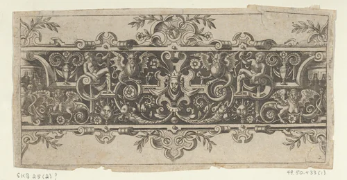 Frieze with Grotesques and a Mask Wearing a Whimple and Crown at Center by Theodor de Bry, print, 1589