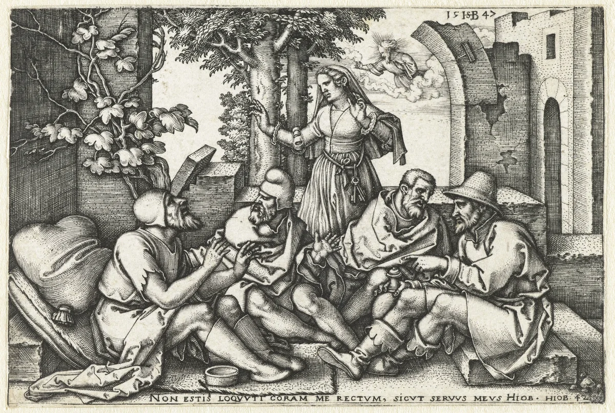 Job in gesprek met zijn vrienden by Unknown, print, 1547